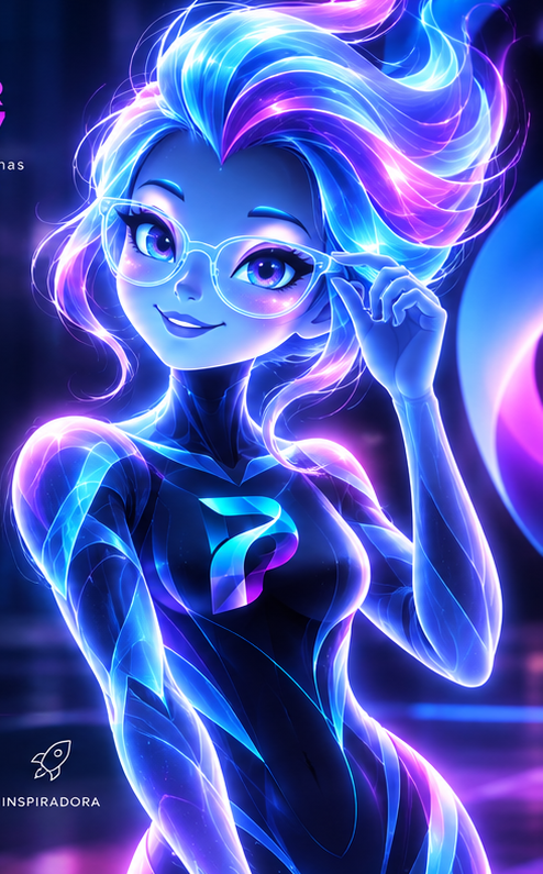 LUMI, Agente de IA de Profesor Innovador, con lentes y cabello neón